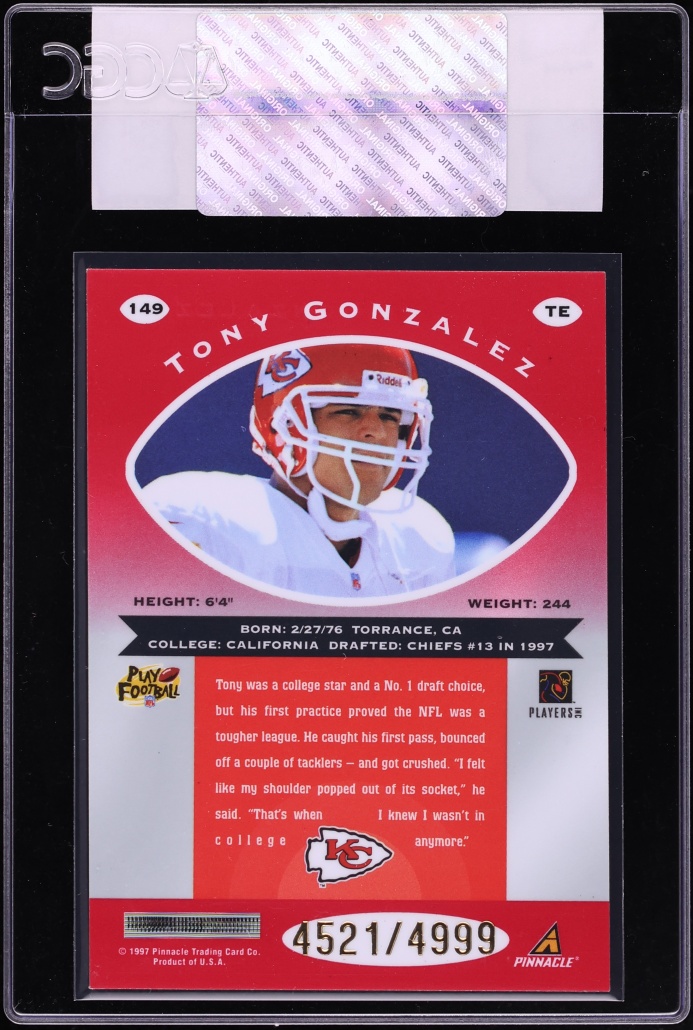 1997 Pinnacle Totally Certified Tony Gonzalez /4999 #149 CGC AUTH