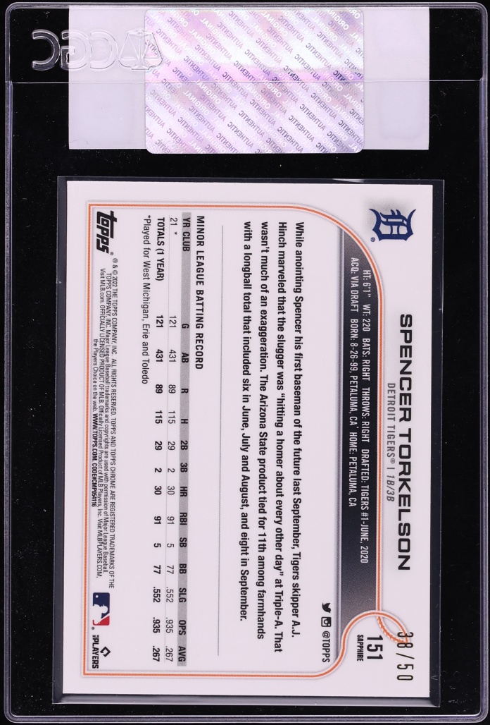2022 Topps Chrome Sapphire Gold Spencer Torkelson ROOKIE /50 #151 CGC AUTH