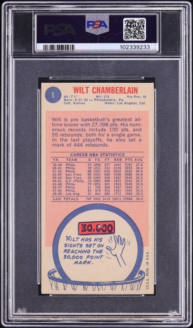 1969 Topps Basketball Wilt Chamberlain #1 PSA 5 EX