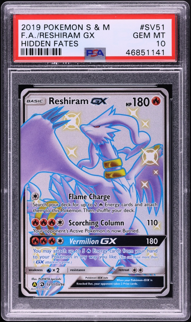 2019 Pokemon Sun & Moon Hidden Fates Full Art Shiny Reshiram GX #SV51 PSA 10 GEM MINT
