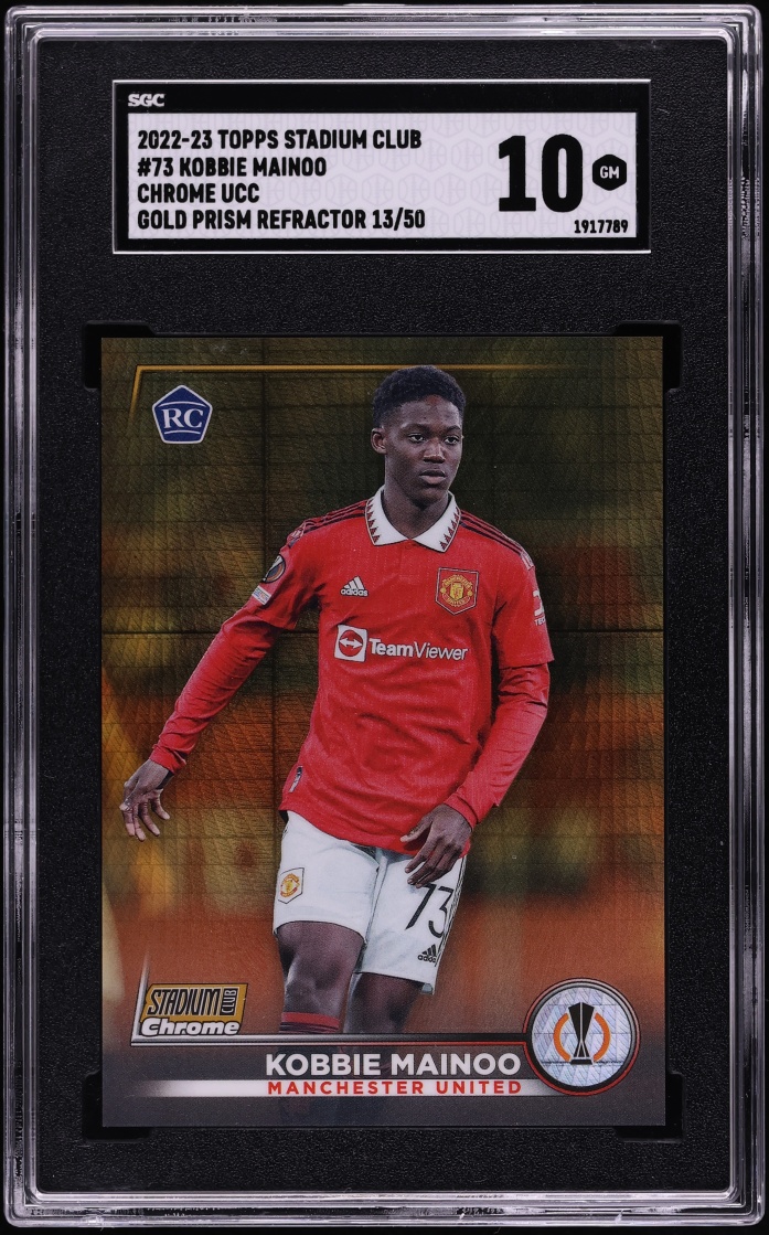 2022 Stadium Club Chrome UEFA CC Gold Prism Refractor Kobbie Mainoo ROOKIE /50 #73 SGC 10