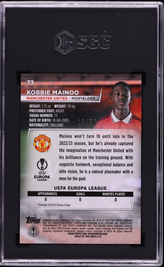 2022 Stadium Club Chrome UEFA CC Gold Prism Refractor Kobbie Mainoo ROOKIE /50 #73 SGC 10
