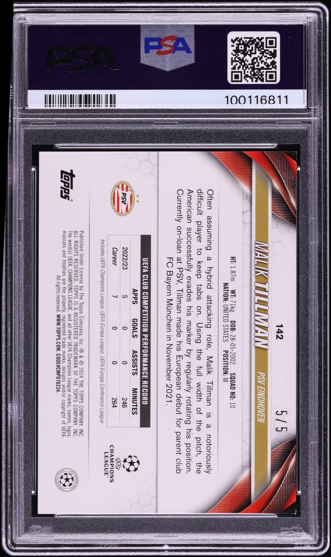 2023 Topps UEFA Club Competitions Red Foilboard Malik Tillman 5/5 #142 PSA 8 NM-MT