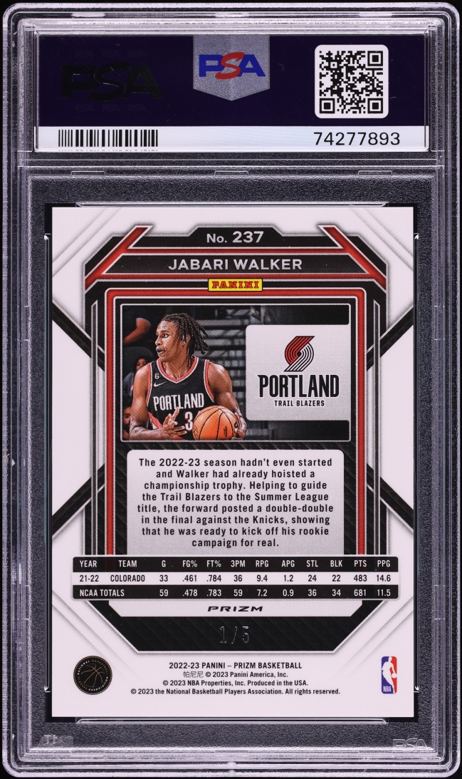 2022 Panini Prizm Black Gold Jabari Walker ROOKIE 1/5 #237 PSA 9 MINT