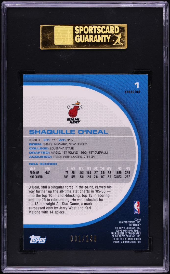 2005 Finest Red Xfractor Shaquille O'Neal 1/199 #1 SGC 10 GEM MINT