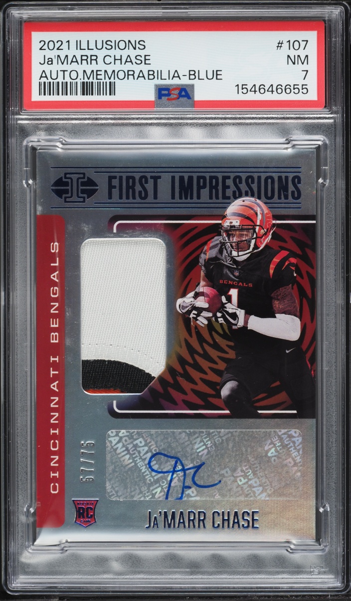 2021 Panini Illusions Memorabilia Blue Ja'marr Chase ROOKIE PATCH AUTO /75 #107 PSA 7 NRMT