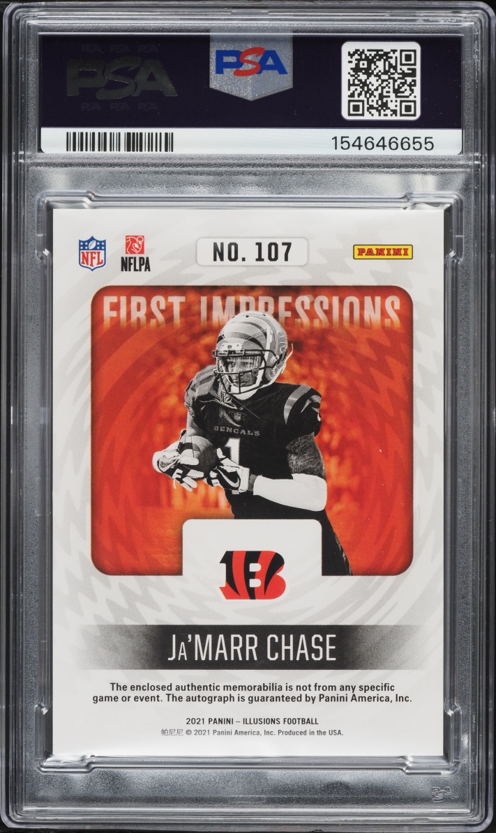 2021 Panini Illusions Memorabilia Blue Ja'marr Chase ROOKIE PATCH AUTO /75 #107 PSA 7 NRMT