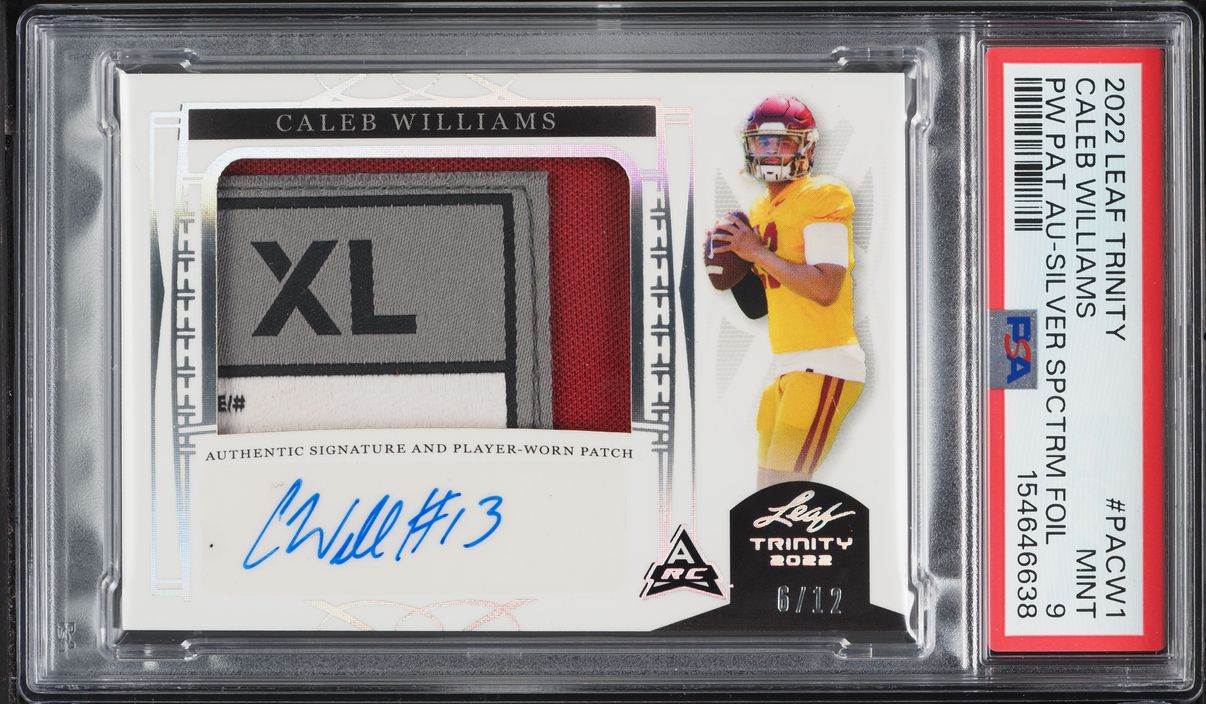 2022 Leaf Trinity Player Worn Silver Spectrum Foil Caleb Williams ROOKIE PATCH AUTO /12 PSA 9