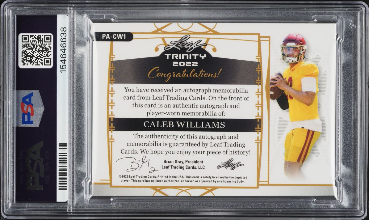 2022 Leaf Trinity Player Worn Silver Spectrum Foil Caleb Williams ROOKIE PATCH AUTO /12 PSA 9