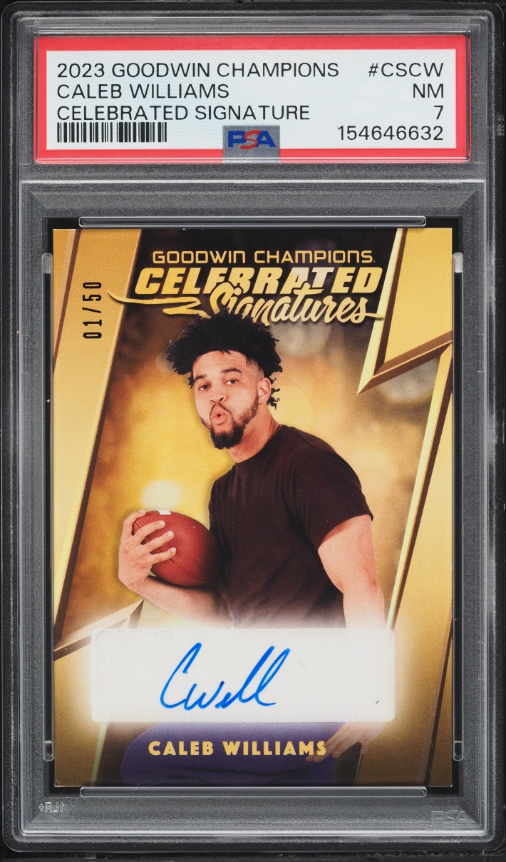 2023 Upper Deck Goodwin Champions Celebrated Achievements Caleb Williams ROOKIE AUTO 1/50 PSA 7