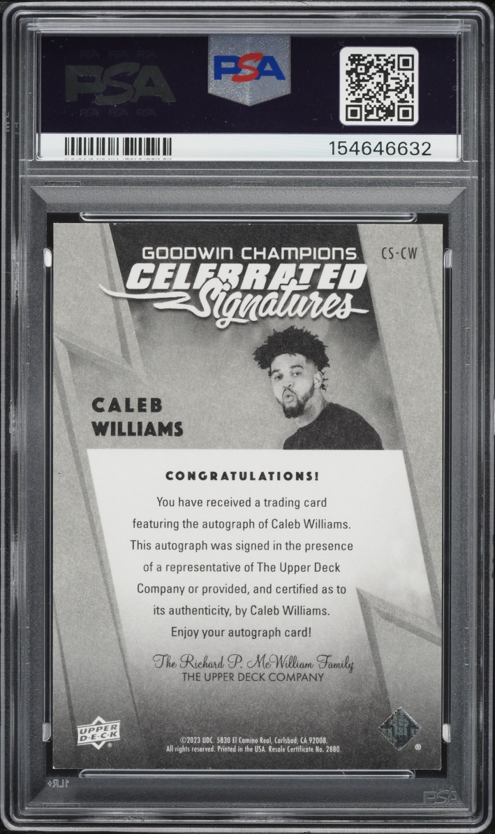 2023 Upper Deck Goodwin Champions Celebrated Achievements Caleb Williams ROOKIE AUTO 1/50 PSA 7