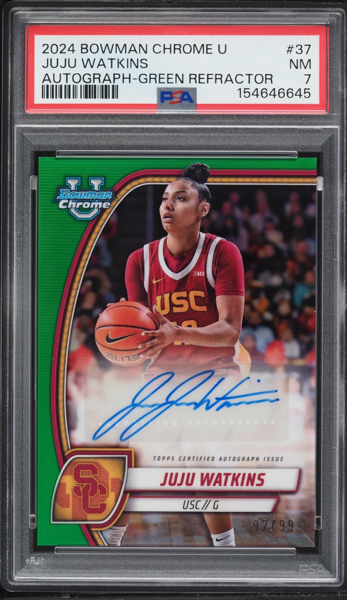 2024 Bowman Chrome University Green Refractor Juju Watkins ROOKIE AUTO /99 #37 PSA 7 NRMT