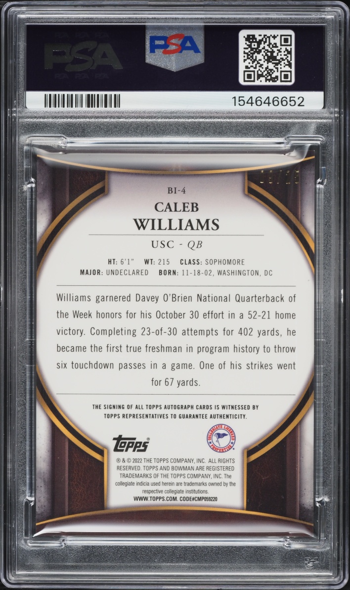 2022 Bowman University Invicta Orange Caleb Williams ROOKIE AUTO /25 #BI4 PSA 9 MINT