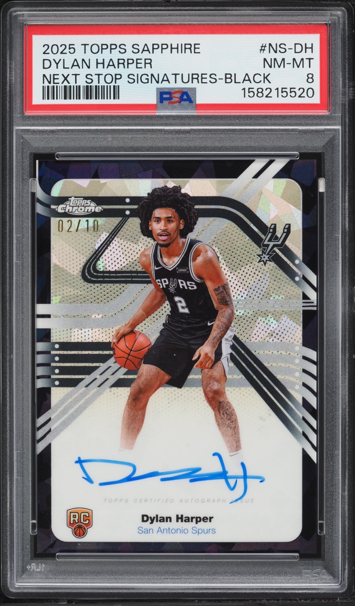 2025 Topps Chrome Sapphire Edition Next Stop Black Dylan Harper ROOKIE AUTO JERSEY # 2/10 PSA 8