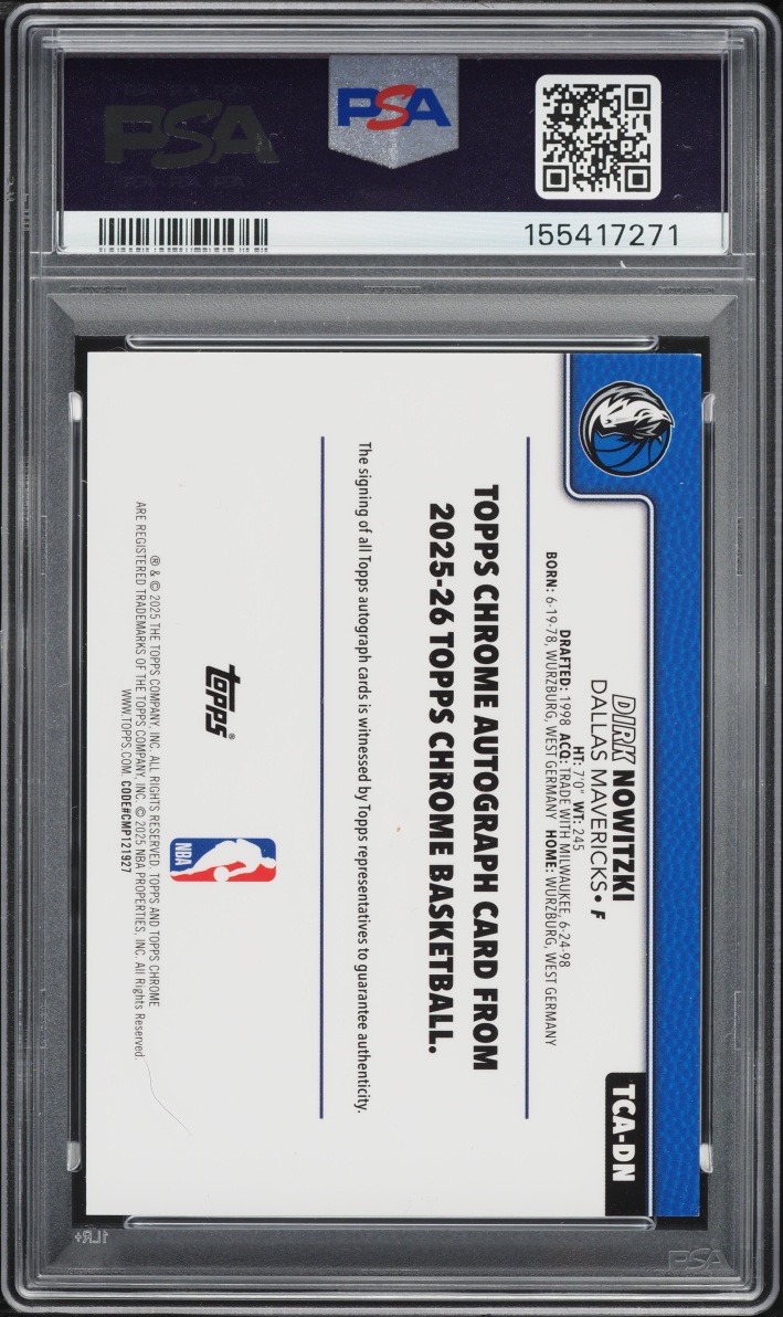 2025 Topps Chrome Purple Refractor Dirk Nowitzki AUTO /75 #TCA-DN PSA 8 NM-MT