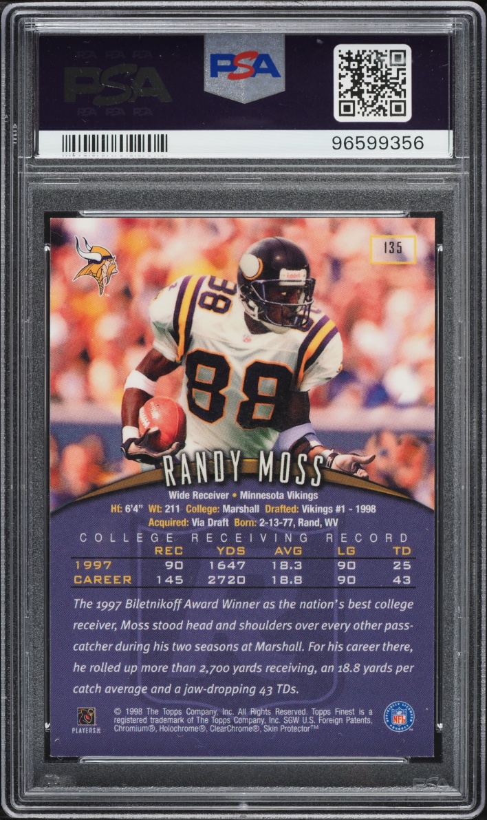 1998 Finest Football w/ Coating Randy Moss ROOKIE #135 PSA 9 MINT