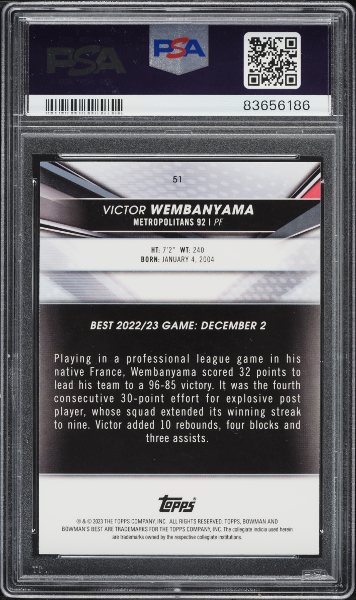 2022 Bowman University Best Victor Wembanyama ROOKIE #51 PSA 8 NM-MT