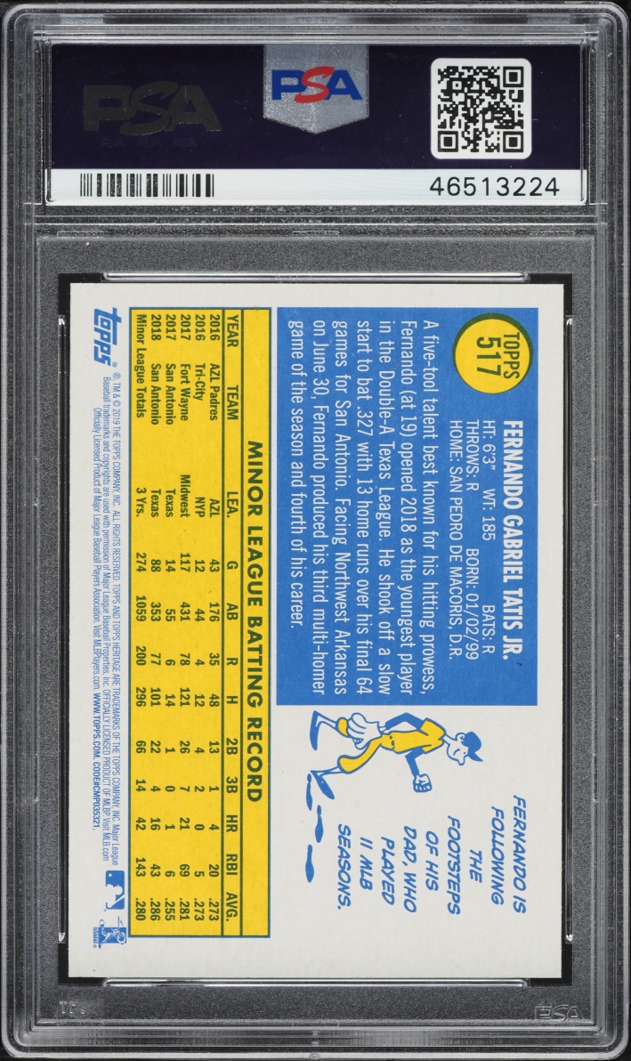 2019 Topps Heritage Fernando Tatis Jr. ROOKIE #517 PSA 10 GEM MINT