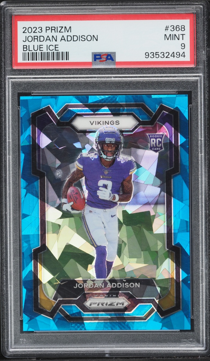 2023 Panini Prizm Blue Ice Jordan Addison ROOKIE /99 #368 PSA 9 MINT
