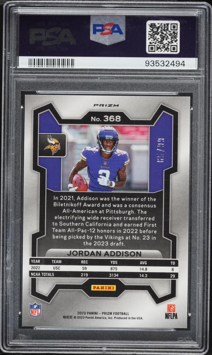 2023 Panini Prizm Blue Ice Jordan Addison ROOKIE /99 #368 PSA 9 MINT