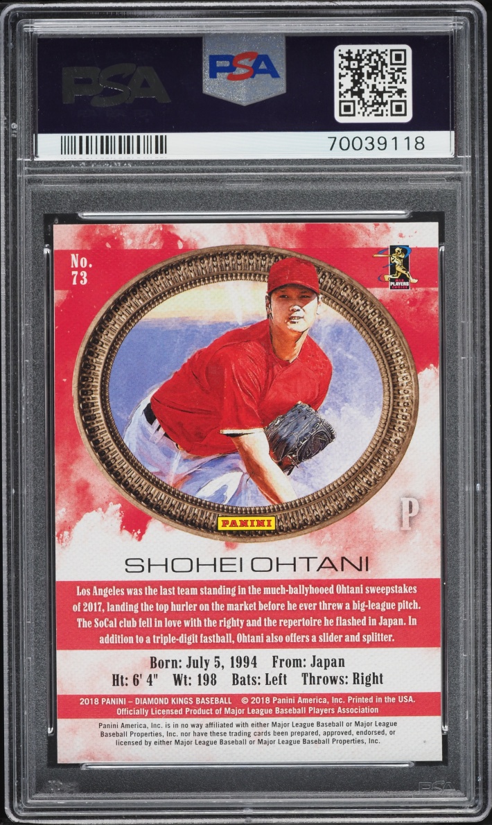2018 Panini Diamond Kings Pitching No Pinstripe Shohei Ohtani ROOKIE #73 PSA 10 GEM MINT