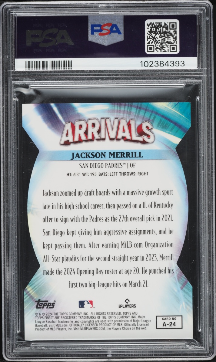 2024 Finest Arrivals Blue Refractor Die-Cut Jackson Merrill ROOKIE /99 #A-24 PSA 10 GEM MINT