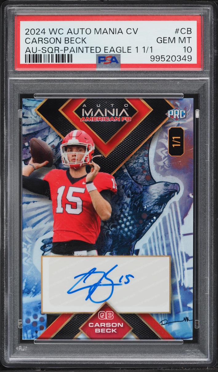 2024 Wild Card Mania American FB Clearview Square Painted Eagle Carson Beck RC AUTO 1/1 PSA 10