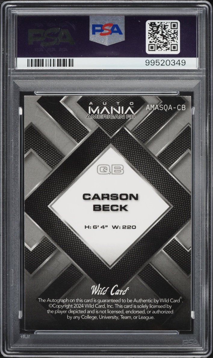 2024 Wild Card Mania American FB Clearview Square Painted Eagle Carson Beck RC AUTO 1/1 PSA 10