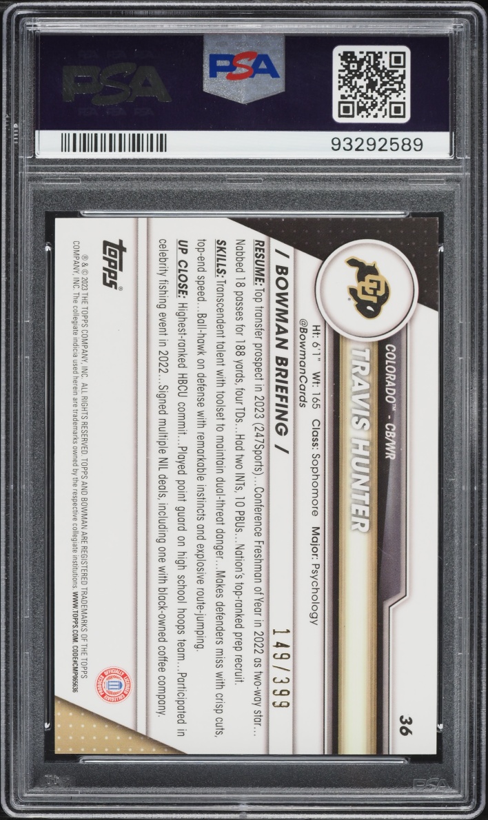 2023 Bowman Chrome U Purple Mini-Diamond Refractor Travis Hunter ROOKIE /399 #36 PSA 10 GEM
