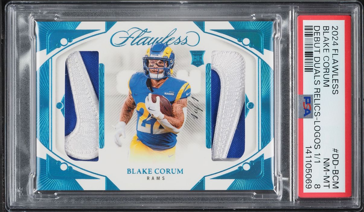 2024 Panini Flawless Debut Duals Logos Blake Corum ROOKIE PATCH AUTO 1/1 #DD-BCM PSA 8 NM-MT