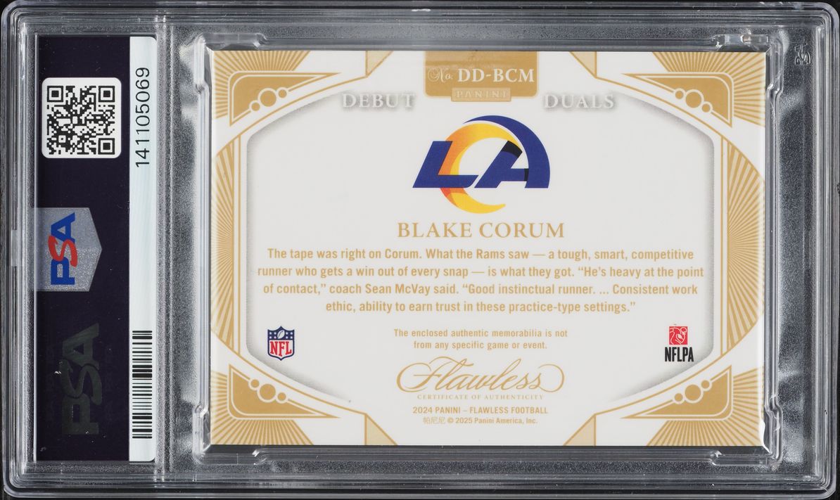 2024 Panini Flawless Debut Duals Logos Blake Corum ROOKIE PATCH AUTO 1/1 #DD-BCM PSA 8 NM-MT
