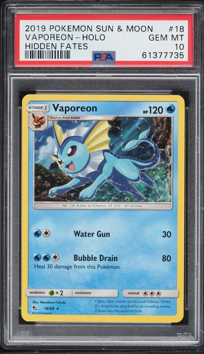 2019 Pokemon Sun & Moon Hidden Fates Holo Vaporeon #18 PSA 10 GEM MINT