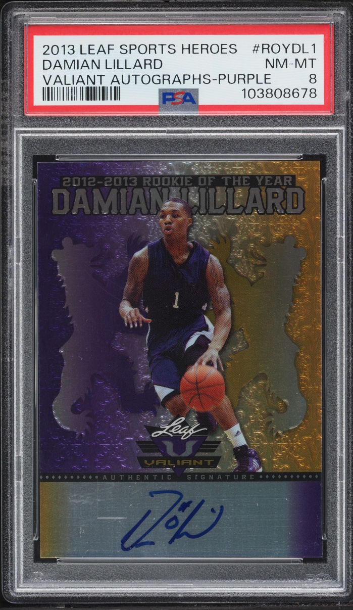 2013 Leaf Sports Heroes Valiant Purple Damian Lillard AUTO /25 #ROY-DL1 PSA 8