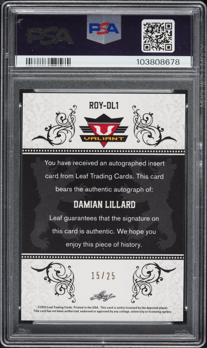 2013 Leaf Sports Heroes Valiant Purple Damian Lillard AUTO /25 #ROY-DL1 PSA 8
