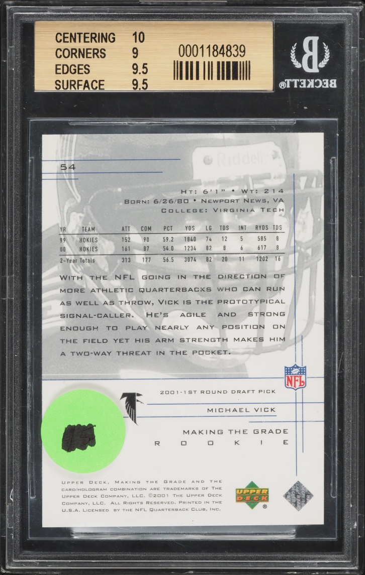 2001 Upper Deck Graded Action Michael Vick ROOKIE /500 #54 BGS 9.5 GEM MINT