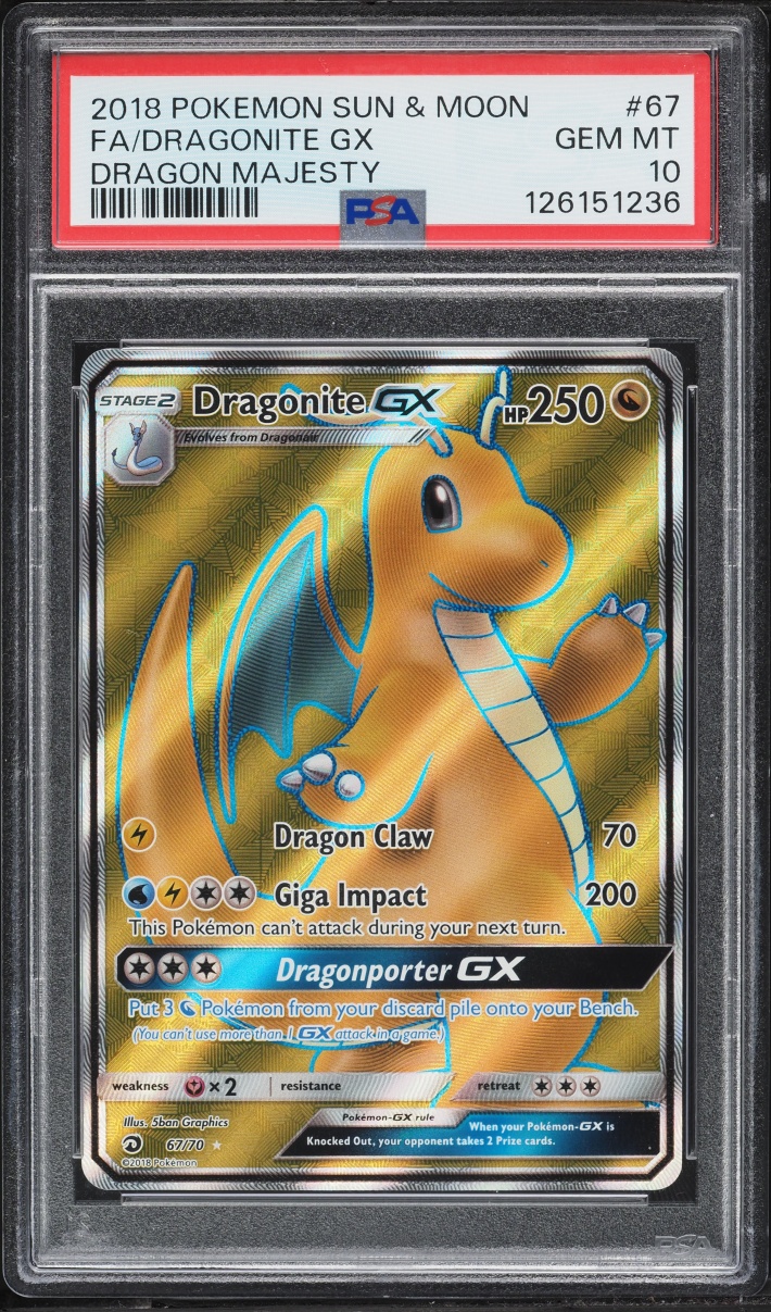 2018 Pokemon Sun & Moon Dragon Majesty Full Art Dragonite GX #67 PSA 10 GEM MINT