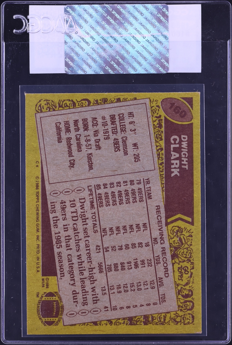 1986 Topps Football Dwight Clark #160 CGC AUTH