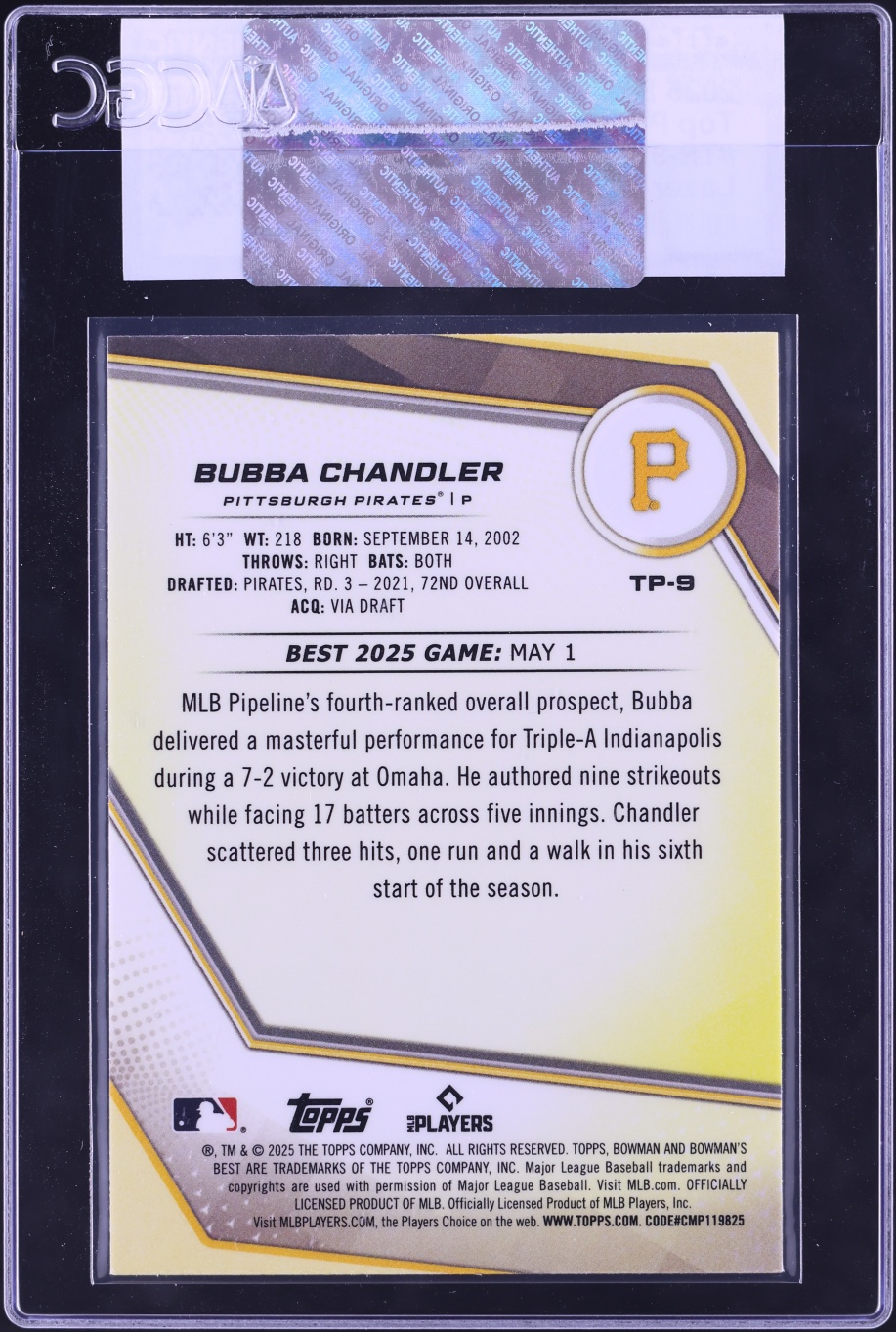 2025 Bowman's Best Top Lazer Refractor Bubba Chandler PROSPECT /350 #TP-9 CGC AUTH