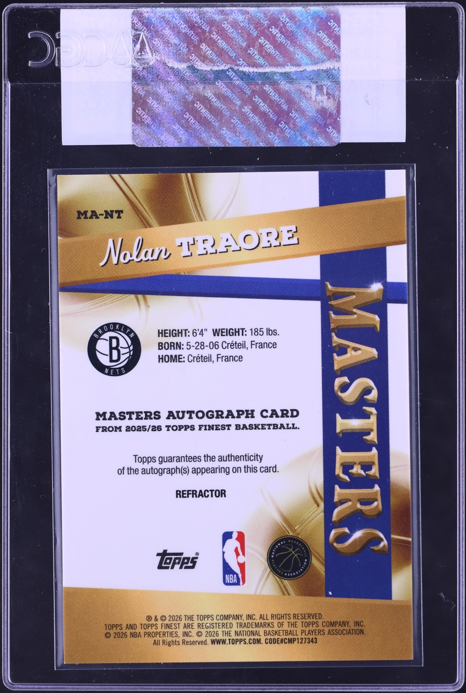 2025 Finest Masters Refractor Nolan Traore ROOKIE AUTO #MA-NT CGC AUTH