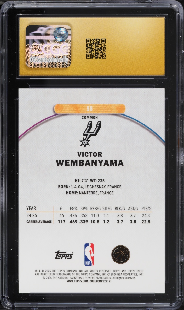 2025 Finest Blue Refractor Victor Wembanyama /200 #98 CGC 10 PRISTINE