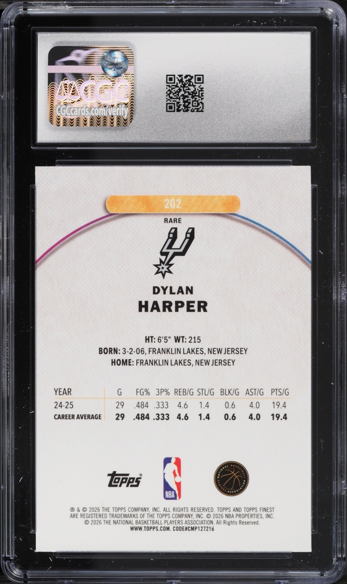 2025 Finest Sky Blue Refractor Dylan Harper ROOKIE /150 #202 CGC 9 MINT