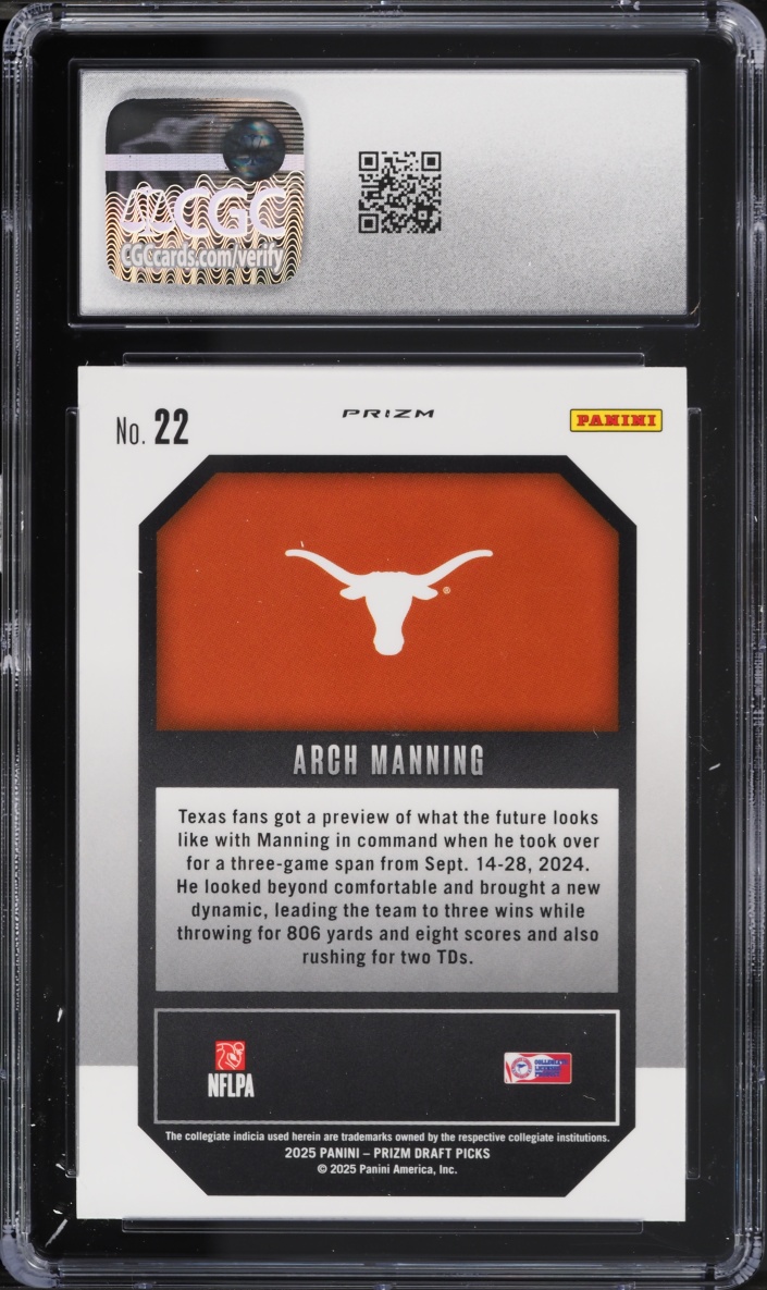 2025 Panini Prizm Draft Picks New Recruits Green Arch Manning ROOKIE #22 CGC 10 GEM MINT