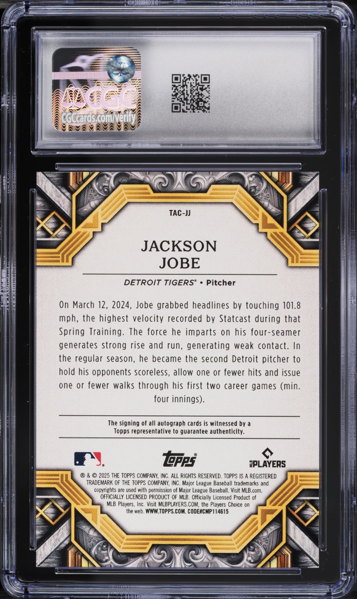 2025 Topps Transcendent Collection Jackson Jobe ROOKIE AUTO /25 #TAC-JJ CGC 10 GEM MINT