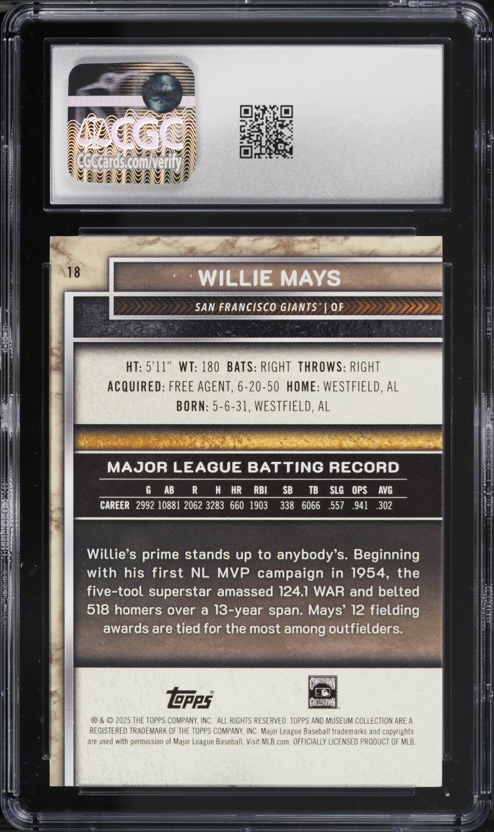 2025 Topps Museum Collection Blue Topaz Willie Mays /25 #18 CGC 8 NM-MT