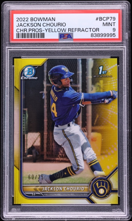2022 Bowman Chrome Yellow Refractor Jackson Chourio PROSPECT /75 #BCP-79 PSA 9 MINT