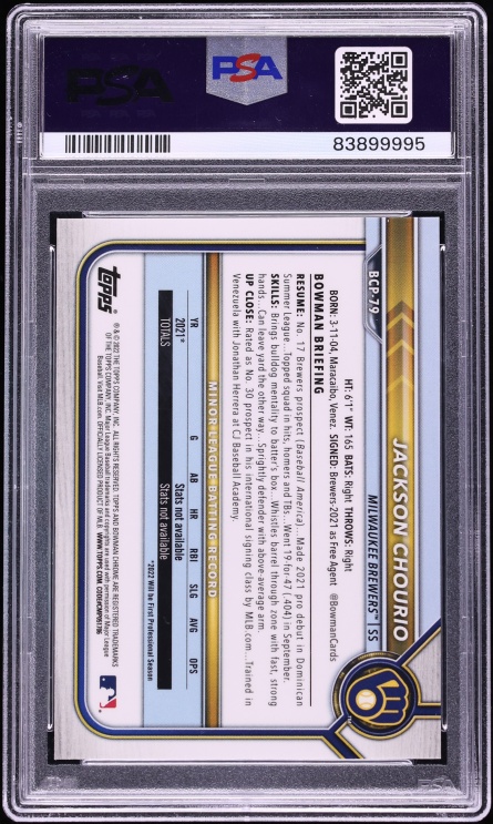 2022 Bowman Chrome Yellow Refractor Jackson Chourio PROSPECT /75 #BCP-79 PSA 9 MINT