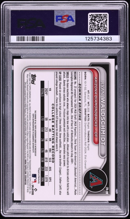 2024 Bowman Chrome Draft Sapphire Edition Red Ryan Waldschmidt PROSPECT AUTO /5 #CPARW PSA 10