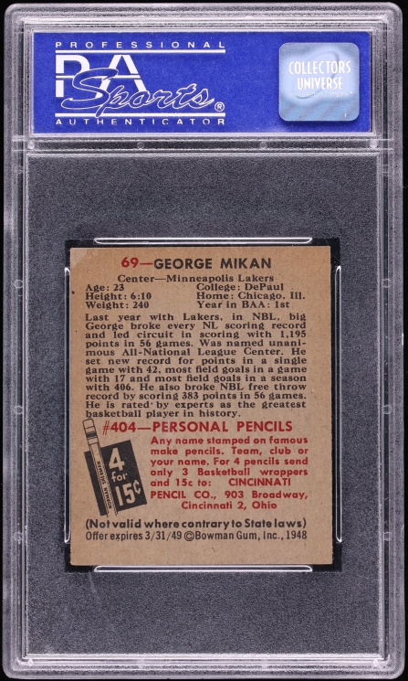 1948 Bowman Basketball George Mikan ROOKIE #69 PSA 6 EXMT
