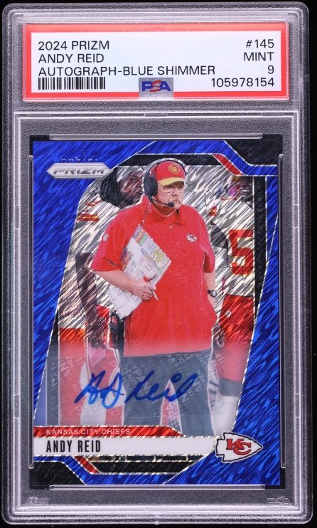 2024 Panini Prizm Blue Shimmer Andy Reid AUTO /25 #145 PSA 9 MINT