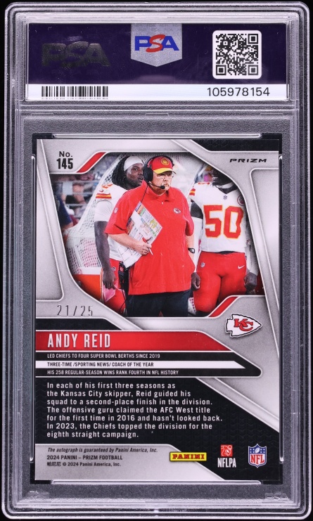 2024 Panini Prizm Blue Shimmer Andy Reid AUTO /25 #145 PSA 9 MINT